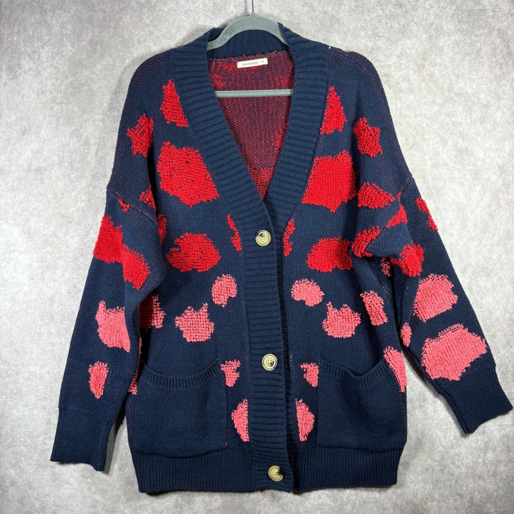 ANDTHEWHY Cardigan Women S/M Navy Red Pink Polka Dot Oversized Knit Button Front